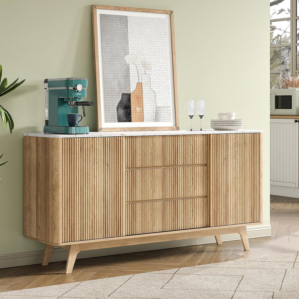 Yanosaku 62" W Fluted Buffet Cabinet with Sliding Doors, Modern Sideboard Storage Cabinet with Power Outlet & 3 Drawers, Mid-Century Coffee Bar Table for Living Room, Dinning Room, Natural