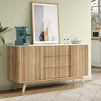 Yanosaku 62" W Fluted Buffet Cabinet with Sliding Doors, Modern Sideboard Storage Cabinet with Power Outlet & 3 Drawers, Mid-Century Coffee Bar Table for Living Room, Dinning Room, Natural