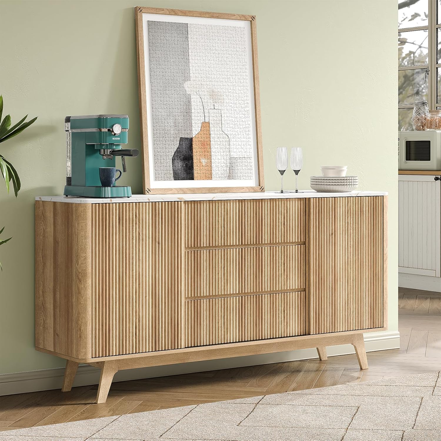 Yanosaku 62" W Fluted Buffet Cabinet with Sliding Doors, Modern Sideboard Storage Cabinet with Power Outlet & 3 Drawers, Mid-Century Coffee Bar Table for Living Room, Dinning Room, Natural