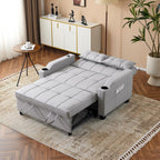 VINGLI Light Grey Futon Sofa Bed Convertible Loveseat Sleeper Couch, Faux Leather Pullout Sofa Fold Out Couch Bed with USB Ports, Cup Holders, Armrest for Living Room, Bedroom Apartment Room
