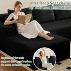 142"U Shape Sectional Couch,Oversized Couches for Living Room | Modern Corduroy Sofa with 2 Chaise, 4 Seater Deep Seat Memory Foam Compressed Sofa, No Assembly, Non-slip Base, Black