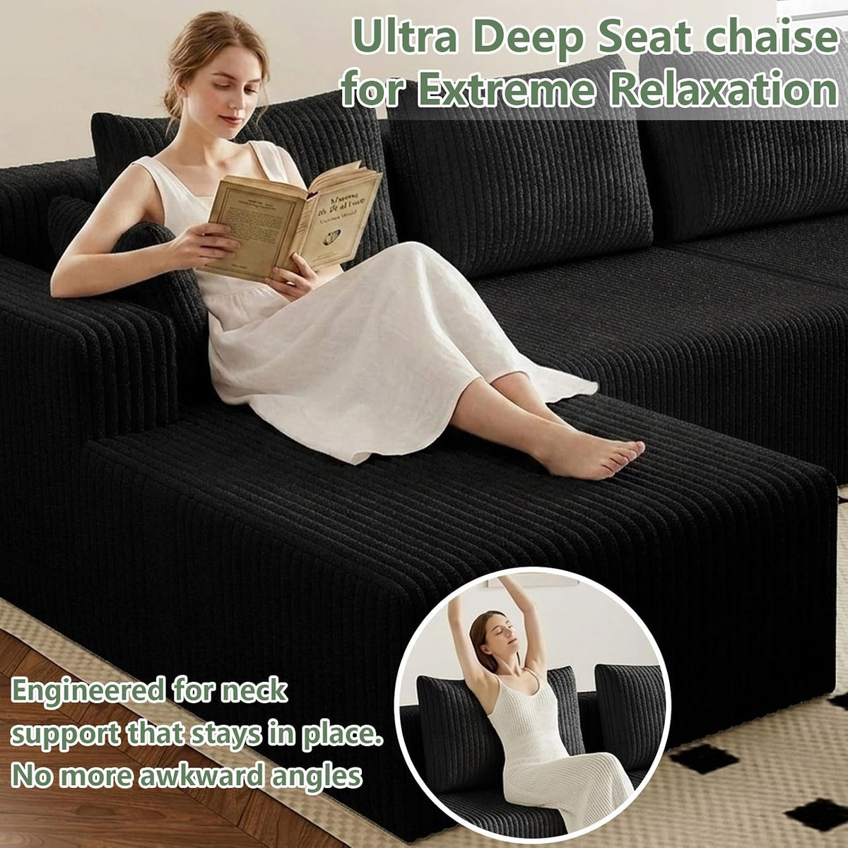142"U Shape Sectional Couch,Oversized Couches for Living Room | Modern Corduroy Sofa with 2 Chaise, 4 Seater Deep Seat Memory Foam Compressed Sofa, No Assembly, Non-slip Base, Black
