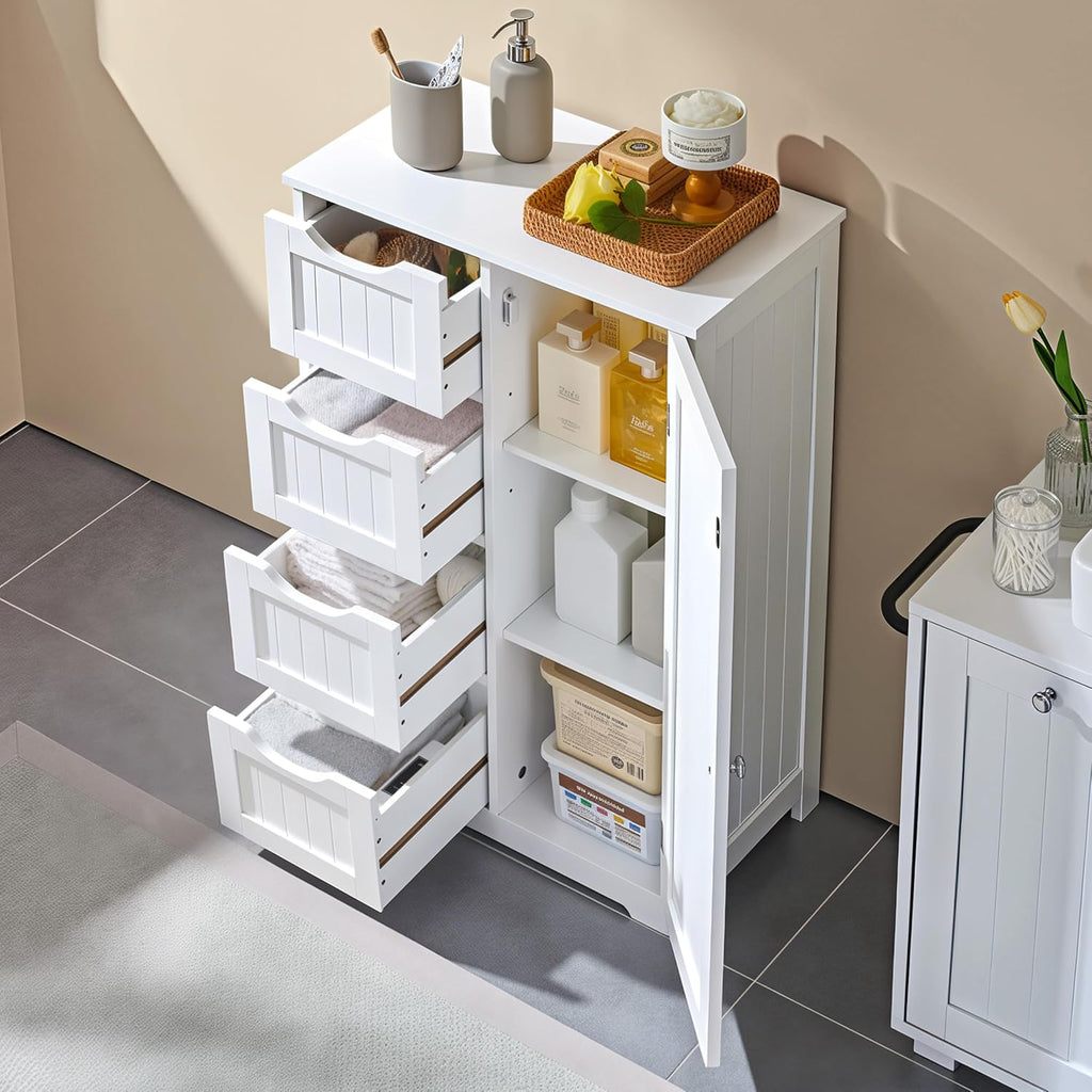 Yaheetech Small Bathroom Storage Cabinet with 4 Drawers & Door, White | Floor Cabinet Organizer for Hallway, Living Room, 3-Position Adjustable Shelf, Beadboard Detail, MDF, 12"D x 22"W x 32.5"H