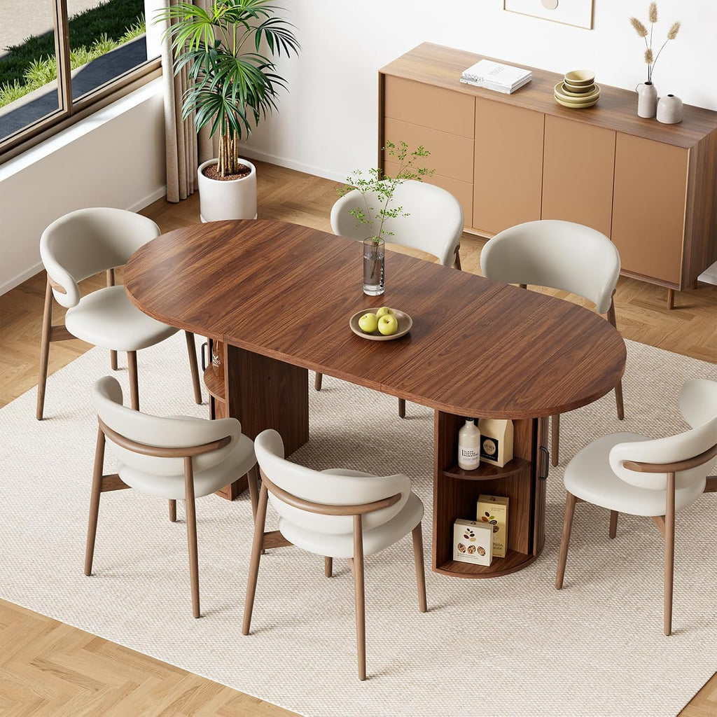 HOMMPA Oval Dining Table with Dual Side Storage 70.8" Modern Kitchen Table for 4 6 Person Farmhouse Table with Wood Strip Doors Wooden Round Dinner Tables for Kitchen Dining Room Living Room Walnut