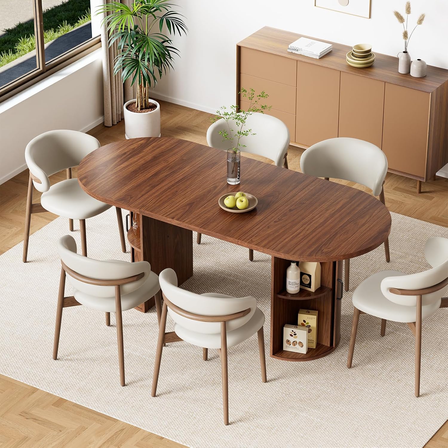 HOMMPA Oval Dining Table with Dual Side Storage 70.8" Modern Kitchen Table for 4 6 Person Farmhouse Table with Wood Strip Doors Wooden Round Dinner Tables for Kitchen Dining Room Living Room Walnut