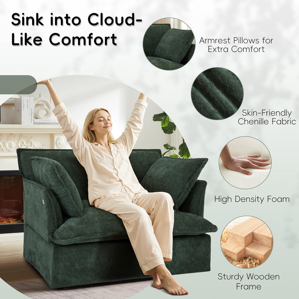 ERYE 47" Chenille Upholstered Accent Chair Wide Seat Armchair for Living Room Bedroom, Modern Upholstered Armchair W/ 2 Pillows and USB-C Ports for Home Apartment Office