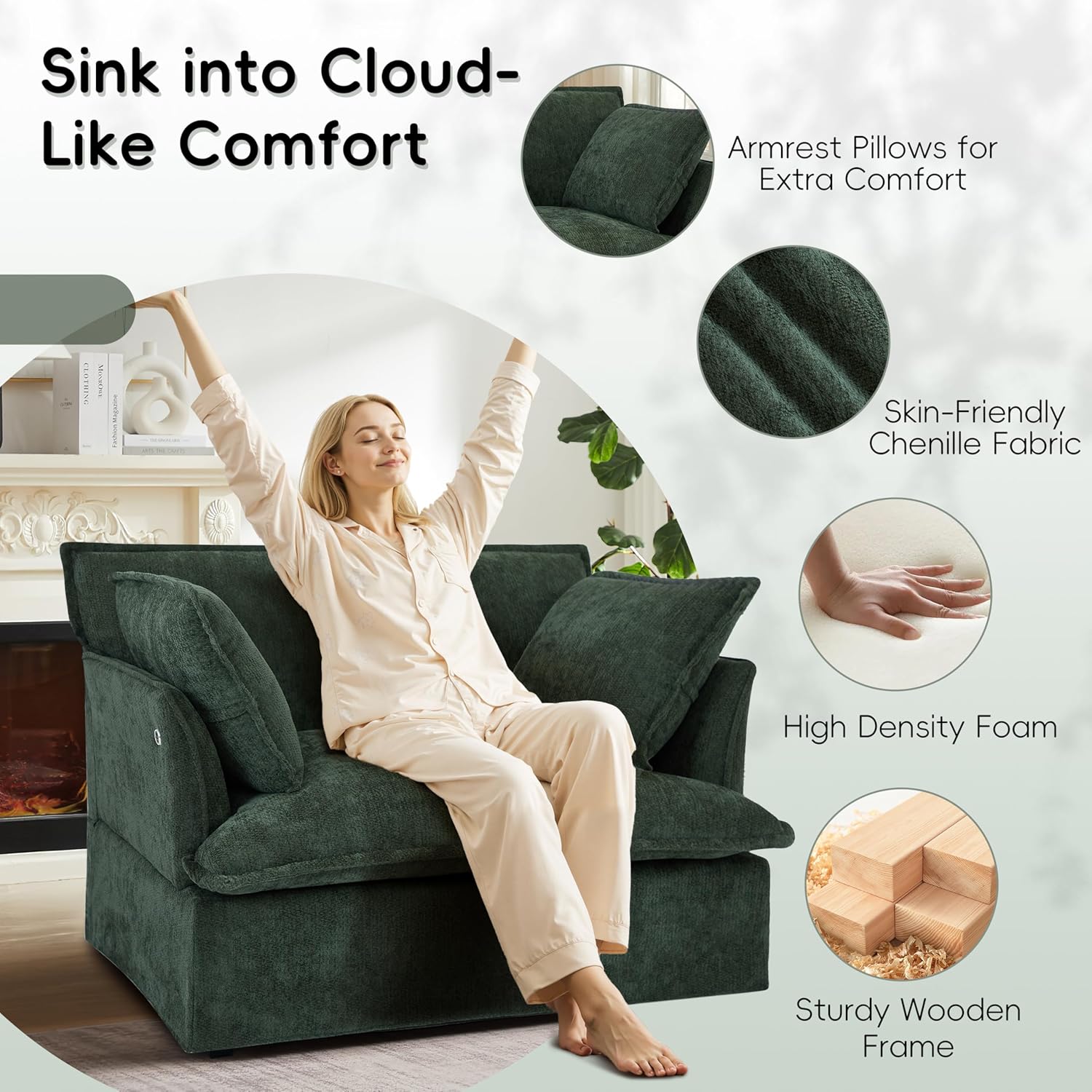 ERYE 47" Chenille Upholstered Accent Chair Wide Seat Armchair for Living Room Bedroom, Modern Upholstered Armchair W/ 2 Pillows and USB-C Ports for Home Apartment Office