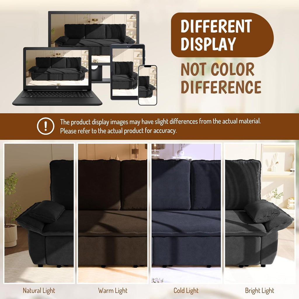 94.5" Pull Out Couch King Size, Futon Sofa Bed, 3-in-1 Convertible Sleeper Sofa Bed with Cushion Armrest, Modern Corduroy Loveseat Couches for Living Room, Small Space, Apartment, Black