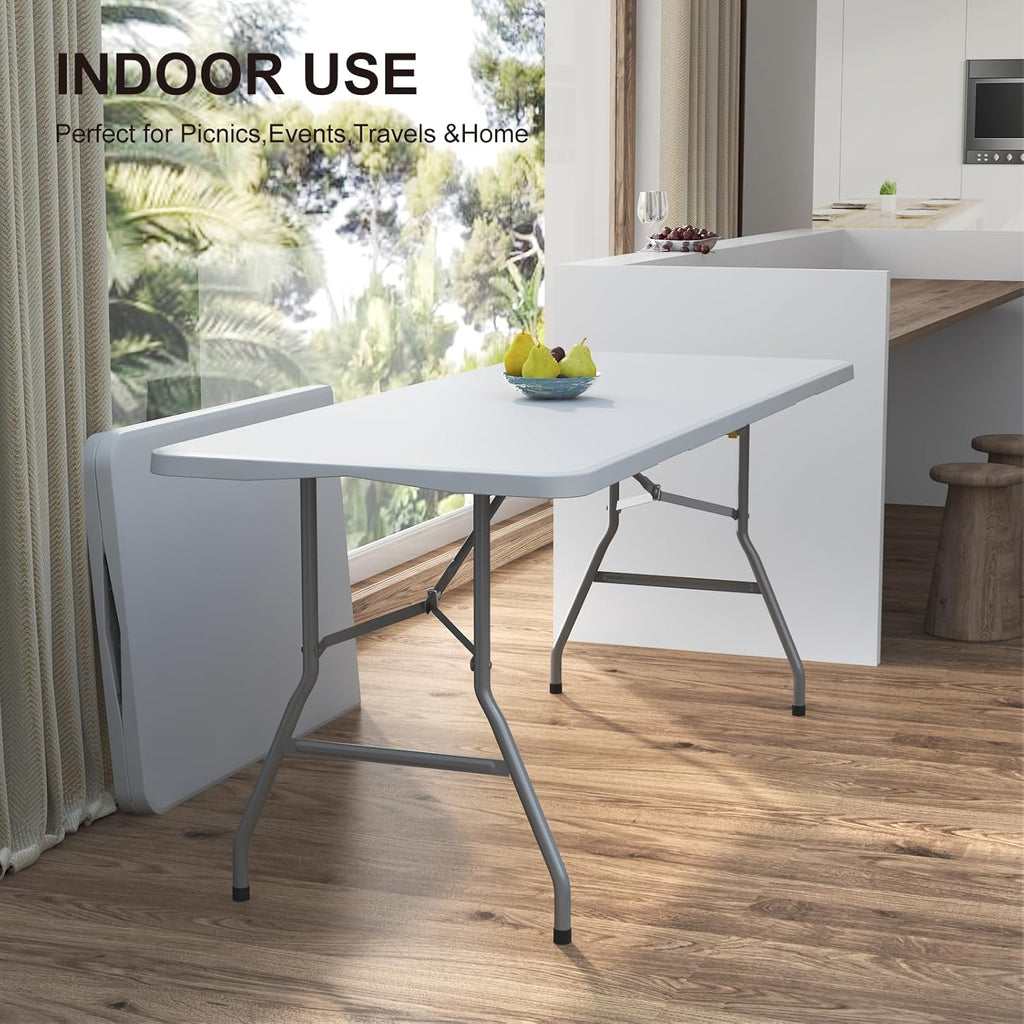 4 Pack Foldable Table 6ft, Plastic Folding Table, Portable Heavy Duty Dining Table with Lock Function & Carrying Handle, Outdoor Indoor Foldable White Table for Camping Party Picnic
