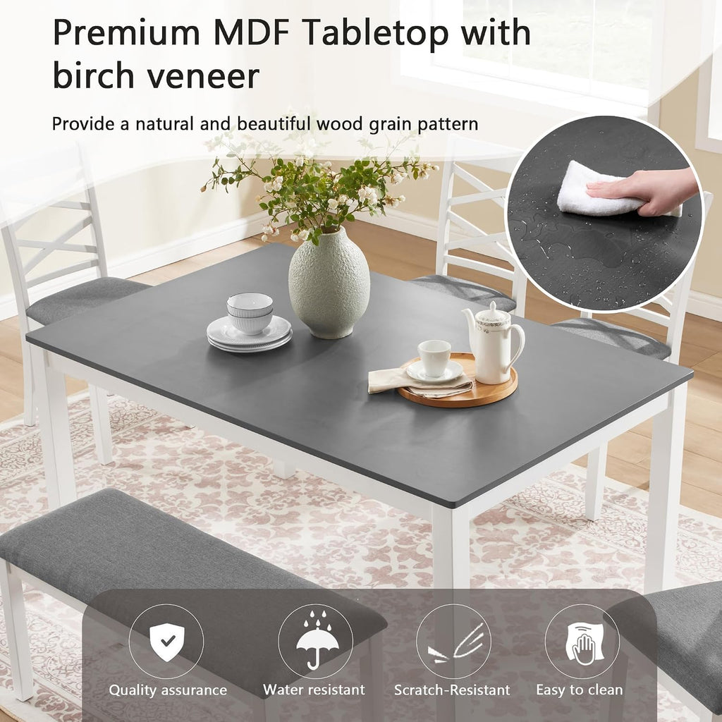 Merax 6-Piece Modern Dining Table Set with Chairs and Bench, Wood Kitchen Table Set for 4-6, Rectangular Kitchen Dining Table for Dining Room, Kitchen, Small Apartment, White+Gray
