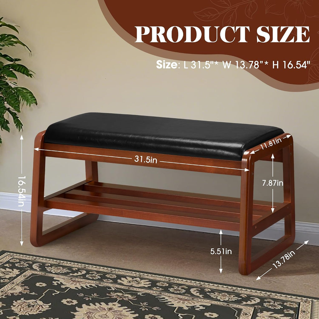 HABUTWAY Solid Wood Shoe Rack, Entryway Shoe Bench with Cushion, 2 Tier Shoes Organizer for Entryway, Hallway, Living Room-(Black,31.5"-M)