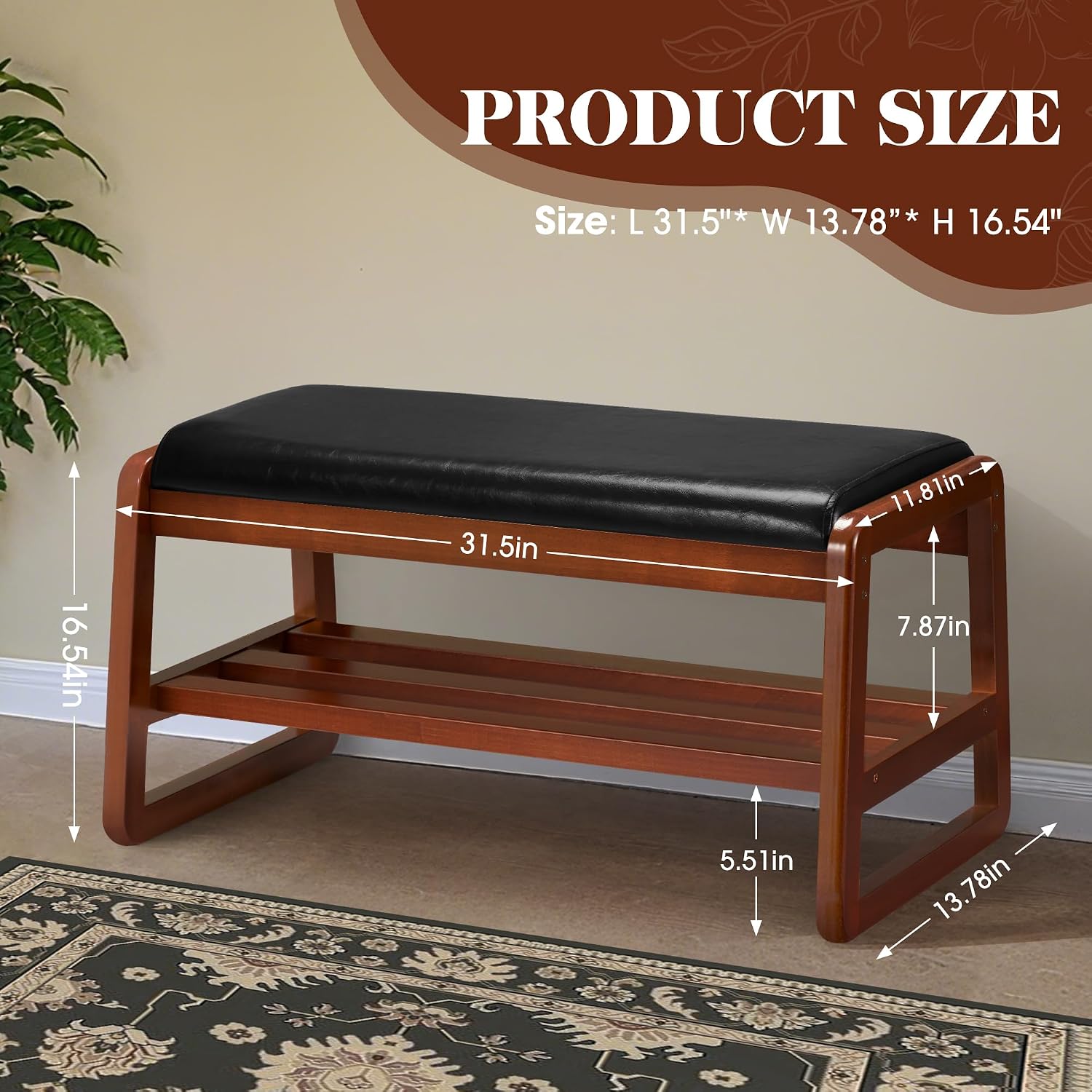 HABUTWAY Solid Wood Shoe Rack, Entryway Shoe Bench with Cushion, 2 Tier Shoes Organizer for Entryway, Hallway, Living Room-(Black,31.5"-M)