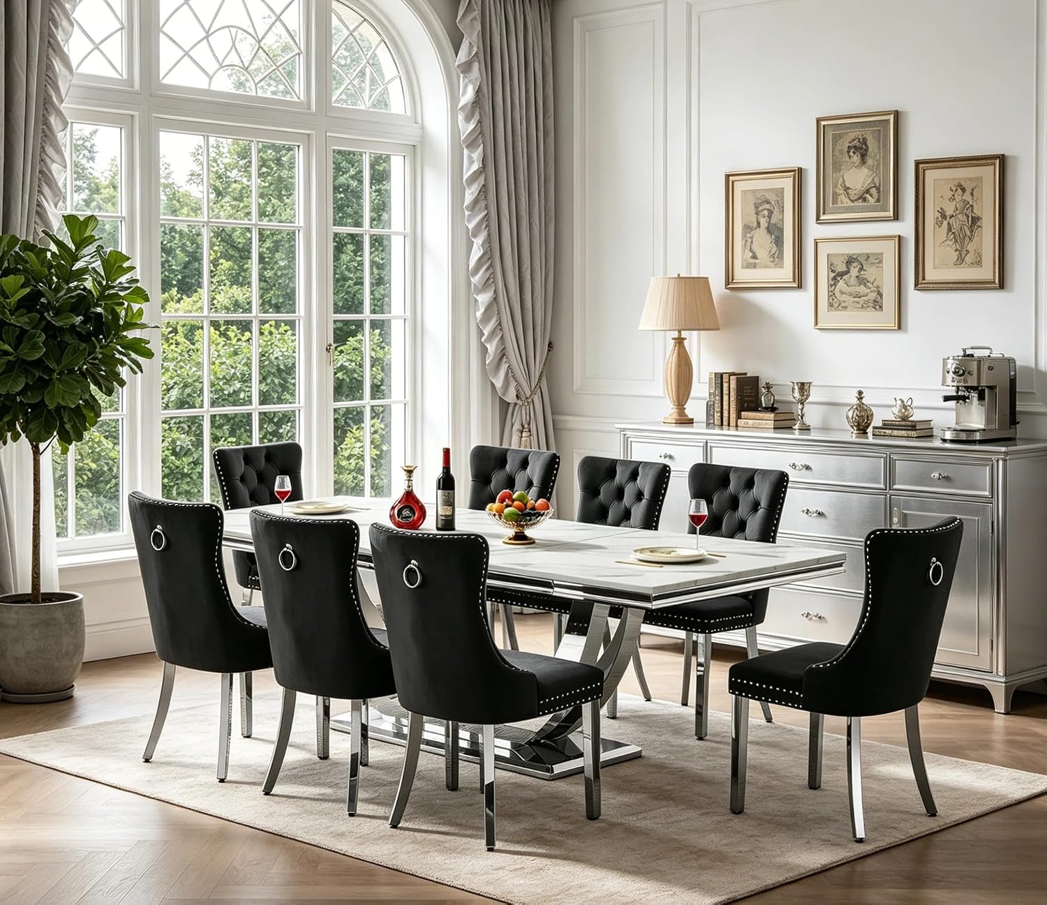 94.5" Large Faux Marble Dining Table Set for 8, Luxury Kitchen Table Set with 8 Chairs, Modern 9-Piece Dining Room Set with White Silver Dinner Table and 8 Black Upholstered Chairs