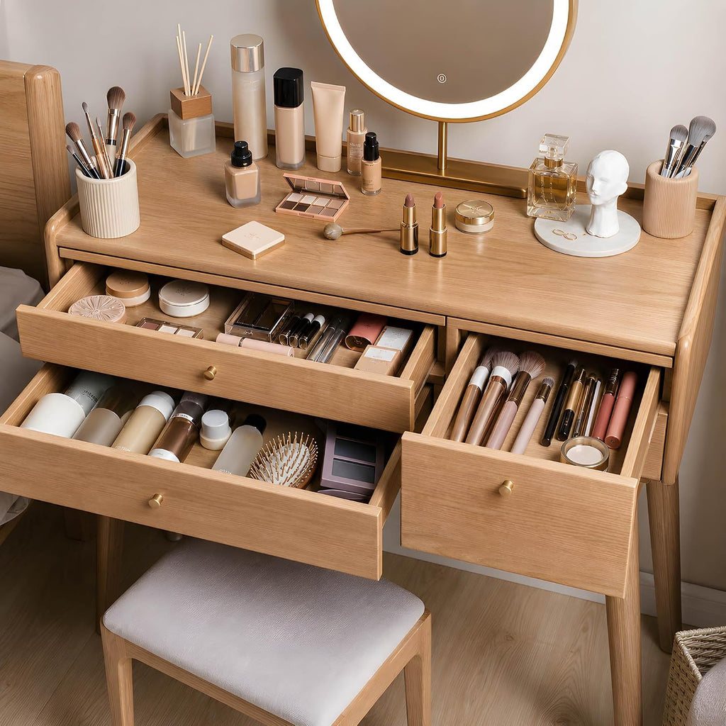 Small Vanity Desk, Solid Wood Dressing Table with Drawer Divider, Study Desk and Vanity Desk for Bedroom, 40" D x 18" W x 32" H