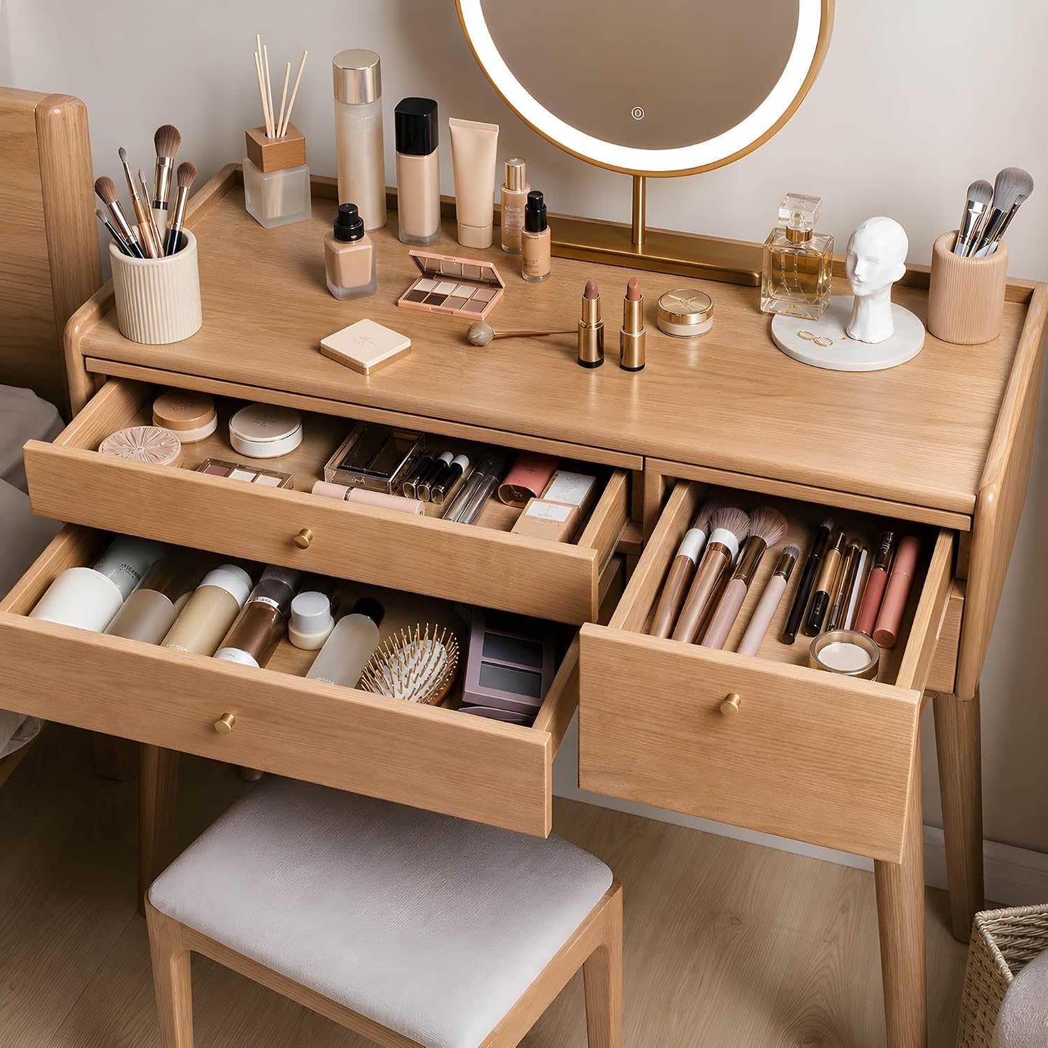 Small Vanity Desk, Solid Wood Dressing Table with Drawer Divider, Study Desk and Vanity Desk for Bedroom, 40" D x 18" W x 32" H
