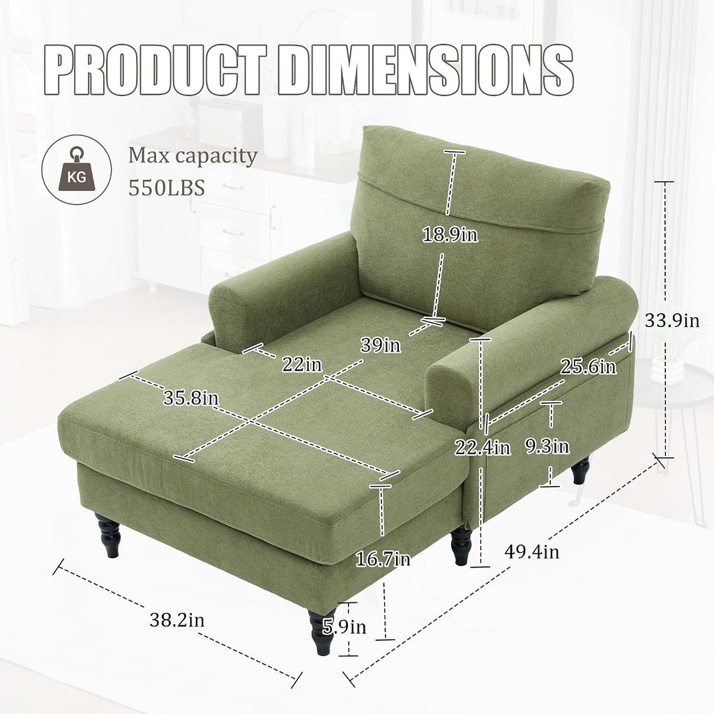 Eafurn 38" Modern Chaise Lounge Recliner Daybed Indoor, Comfy Chenille Upholstered Single Sofa Bed with Wodden Legs and Side Pockets, Deep Seat Sleeper Armchairs Couch for Living Room