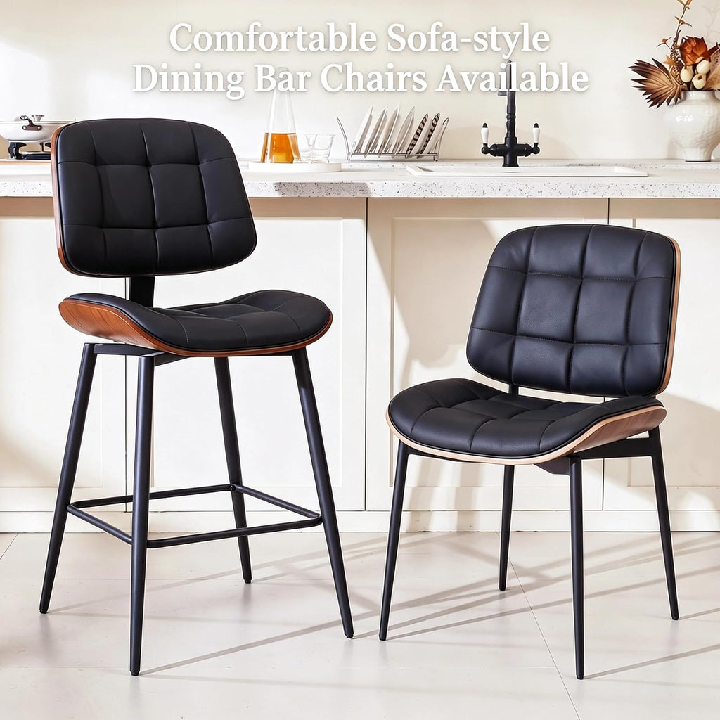 GrandNoor Mid Century Modern Dining Chairs with Walnut Grain Back, Black Faux Leather Dining Room Chairs Set of 2, Checkered Soft Cushion Kitchen Chairs with Adjustable Foot Pads