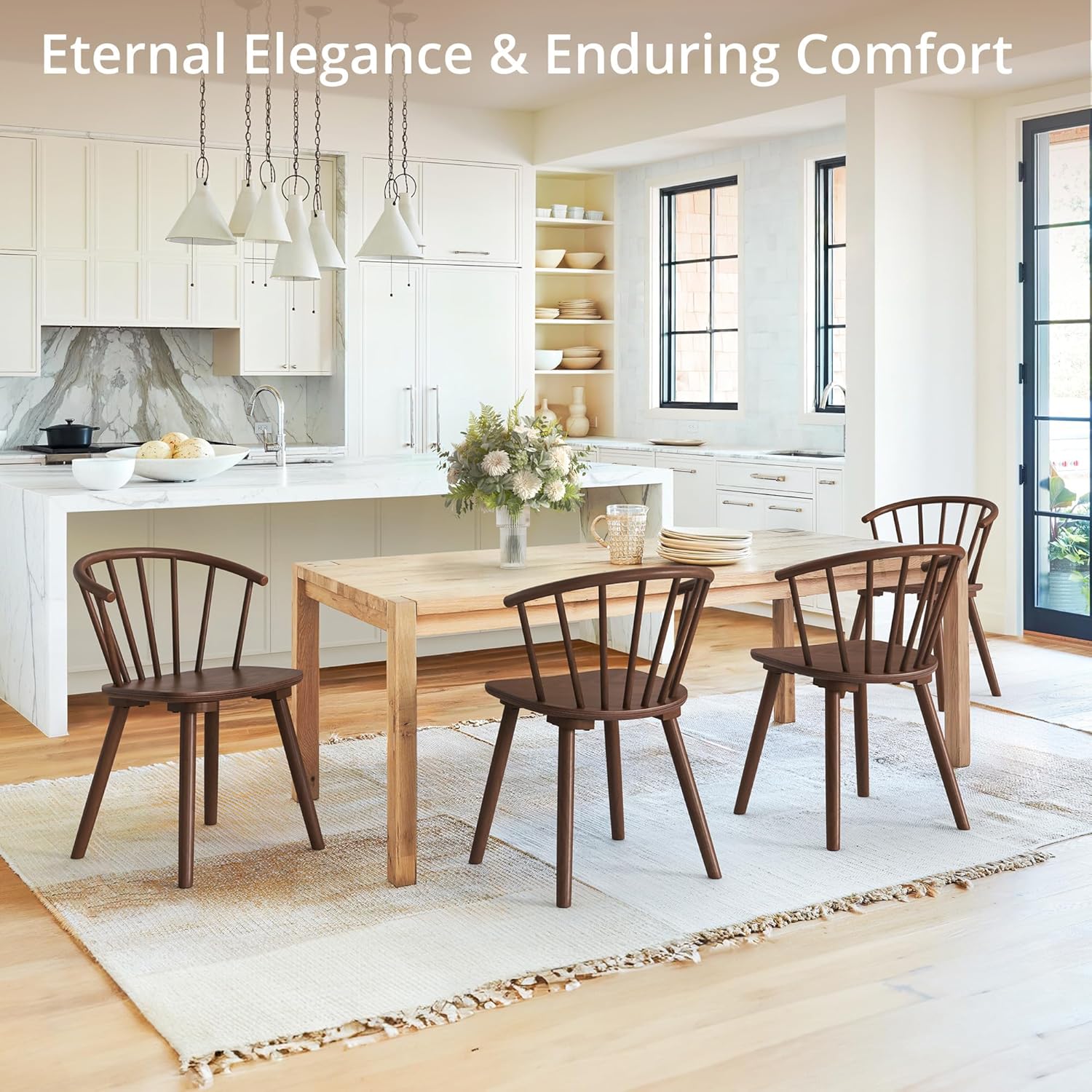 LUE BONA Walnut Dining Chairs Set of 2, Farmhouse Wood Dining Chairs with Semicircular Backrest, Spindle Dining Chair for Kitchen and Dining Room, 18 Inch