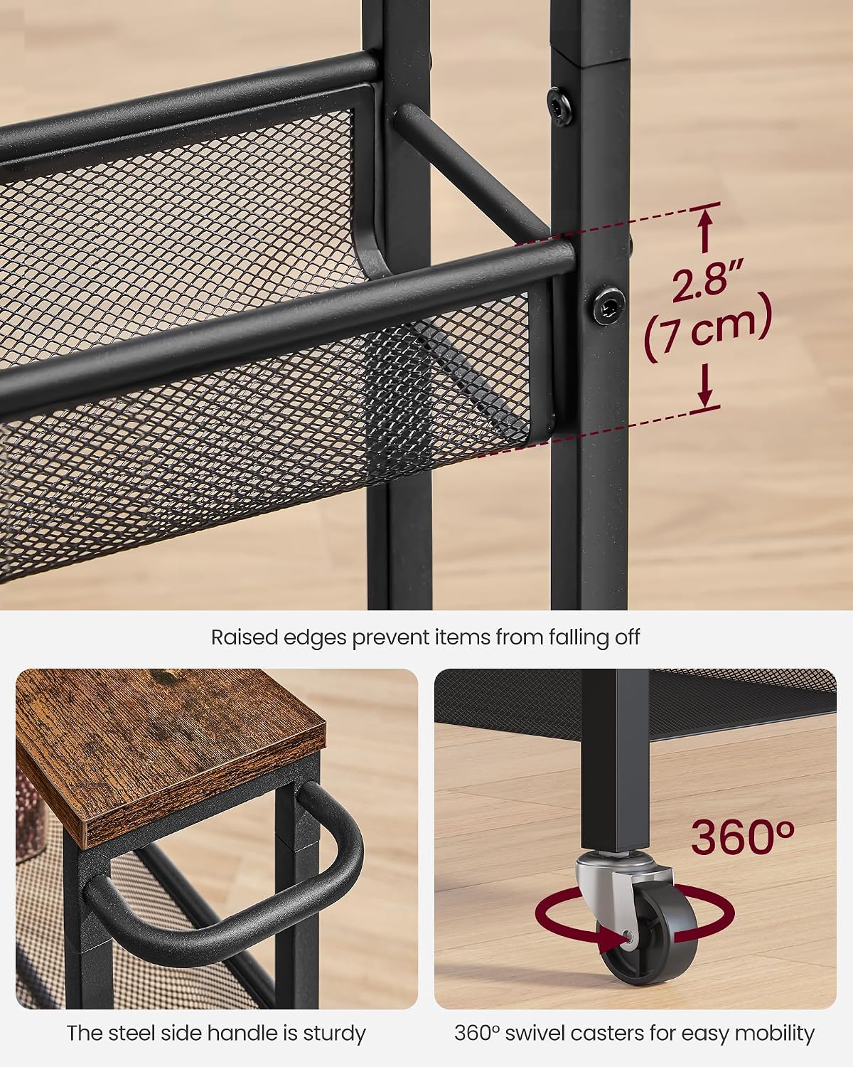 VASAGLE Slim Storage Cart, 6-Tier Rolling Utility Cart, Skinny Shelf for Kitchen Pantry, Narrow Bathroom Organizer, 17.9 x 5.9 x 51.7 inch, Rustic Brown and Matte Black, Dacey Collection ULRC038K101