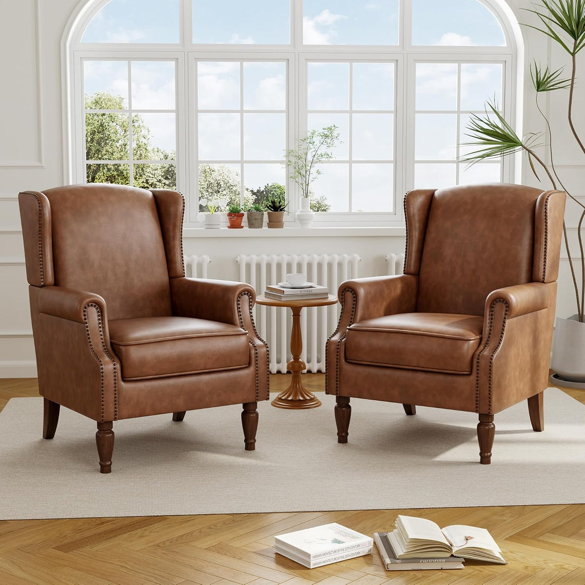 PU Leather High Back Accent Chair, Upholstered Armchair with Solid Wood Legs, Comfy Wingback Reading Single Sofa Chair for Small Spaces, Living Room, Bedroom(Leather Brown, Set of 2)