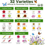 LUSH&DEW Cut Flower Seed Bank, Gift for Women Men, 32 Types Non-GMO Annual & Perennial Wildflower Seeds for Planting in Raised Garden Bed Greenhouse, Seed Storage Organizer, Zinnia Sunflower Zone 3-10