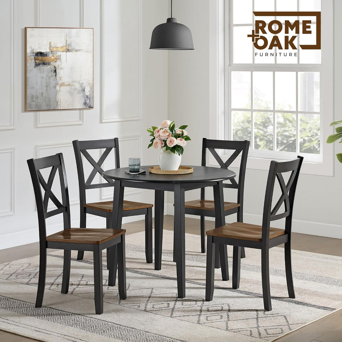 ROME + OAK Hinged Drop Leaf Dining Table, 22-36 Inch Round Tabletop with Sturdy Base, Black - Modern Solid Wooden Furniture Piece for Home