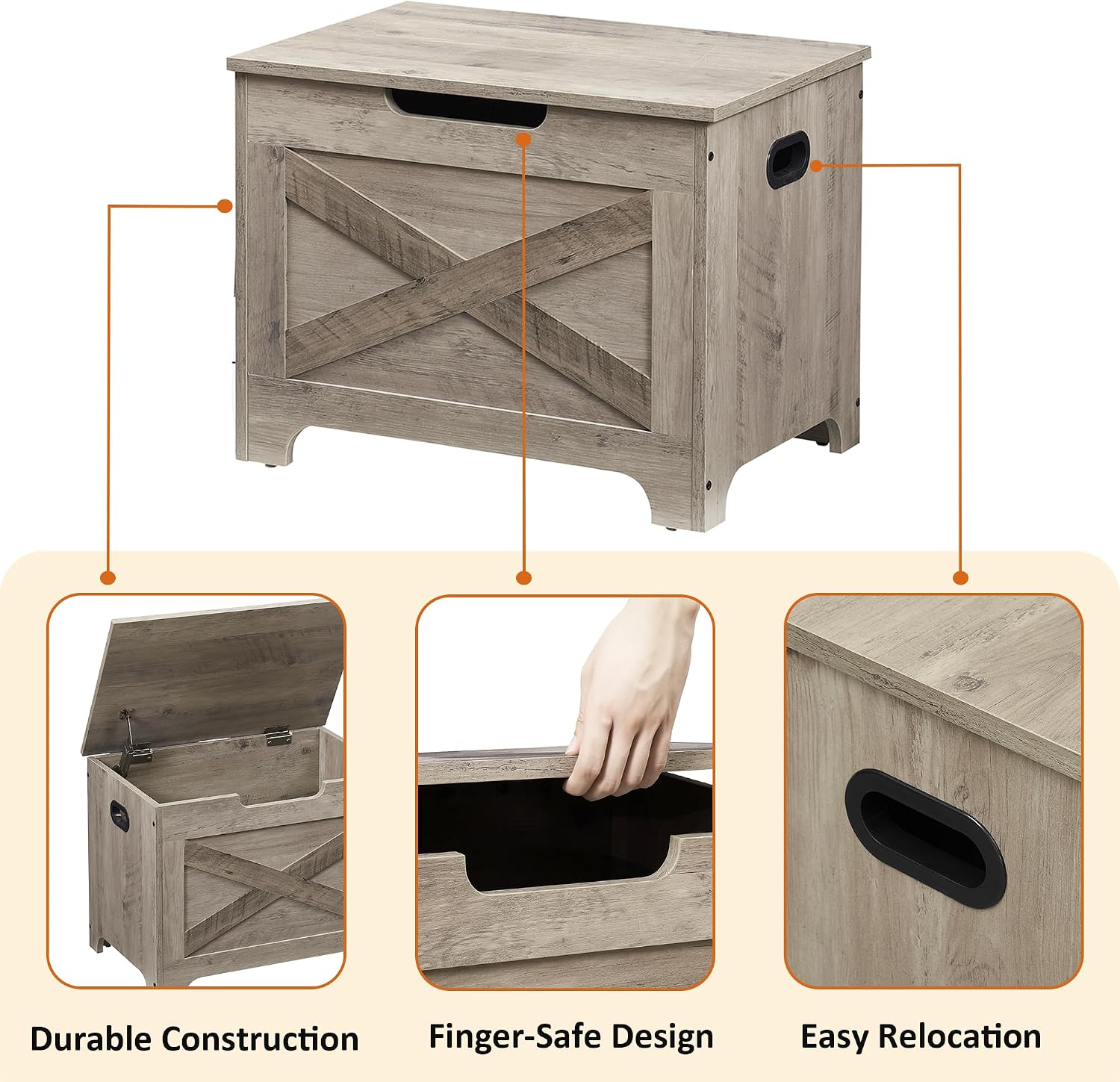 IDEALHOUSE 23.6" Storage Bench with 2 Safety Hinges, Grey | Retro Wooden Storage Chest, Loads 300 lb, Easy Assembly, Storage Ottoman Bench for Bedroom Entryway Living Room