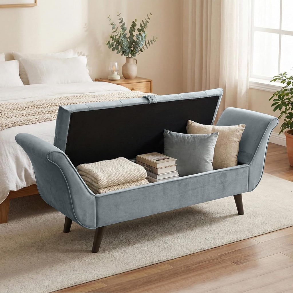 Velvet Storage Bench for Bedroom End of Bed Ottoman, Button-Tufted Upholstered Bed Benches for Bedrooms King with Rolled Arms and 4 Sturdy Wood Legs, Footstool for Bedroom (Slate Gray)
