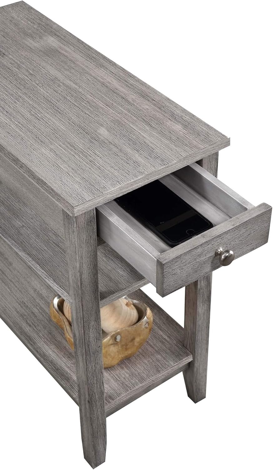 Pemberly Row Three Tier End Table with Drawer, Gray Wood Finish, 23.5 x 11.25 x 24 in, Hidden Storage, Middle and Bottom Shelf, Durable Accent Table for Living Room or Bedroom Decor