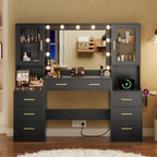 Makeup Vanity Desk with Mirror and Lights, 58.3" Makeup Vanity with Lights & Charging Station, Black Dressing Table Vanity Set Vanity Table with 8 Drawers & 2 Cabinets, with Installation tools