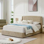 VELOCAVA Queen Storage Bed Frame with Curved Wingback Headboard, Linen-Look Upholstered Platform Bed Frame with 4 Pull-Out Drawers, Wood Slat Support, No Box Spring Needed, Beige