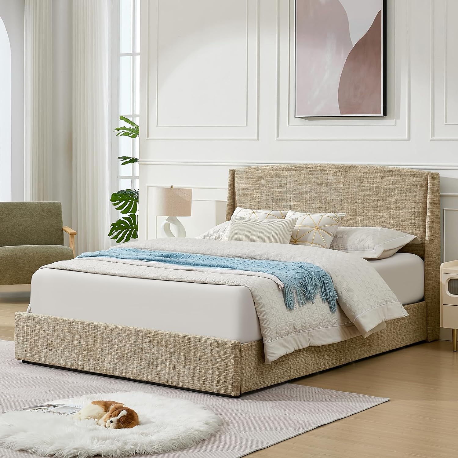 VELOCAVA Queen Storage Bed Frame with Curved Wingback Headboard, Linen-Look Upholstered Platform Bed Frame with 4 Pull-Out Drawers, Wood Slat Support, No Box Spring Needed, Beige