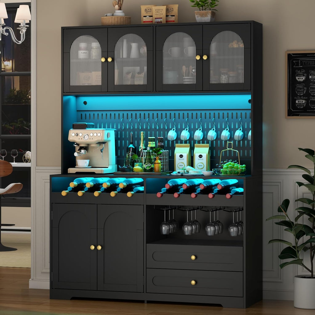 71'' Tall Kitchen Pantry Storage Cabinet, Modern Kitchen Hutches Storage Cabinet with Countertop, LED Black Pantry Cabinet with Wine & Glass Rack, 47'' Extra Wide Pantries with DIY Pegboard & Drawers