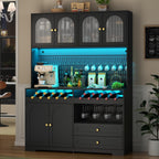 71'' Tall Kitchen Pantry Storage Cabinet, Modern Kitchen Hutches Storage Cabinet with Countertop, LED Black Pantry Cabinet with Wine & Glass Rack, 47'' Extra Wide Pantries with DIY Pegboard & Drawers