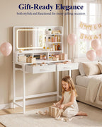 Kitsure 31.5" W Small Vanity Desk with Mirror and Lights, 2 Fabric Drawers | Bedroom, Gifting, Makeup Vanity, 6 Open Shelves, 3 Lighting Modes, Stable Frame, White