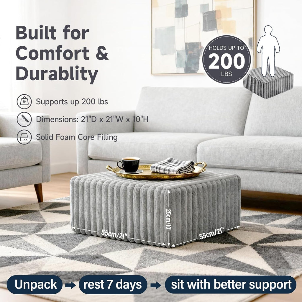Tiita Square Stuffed Pouf Ottoman, Soft Foot Stool with Solid Foam Block | 21x21x12 Inches Fluffy Floor Pouf Chair & Footrest Cushion for Couch Living Room,Grey