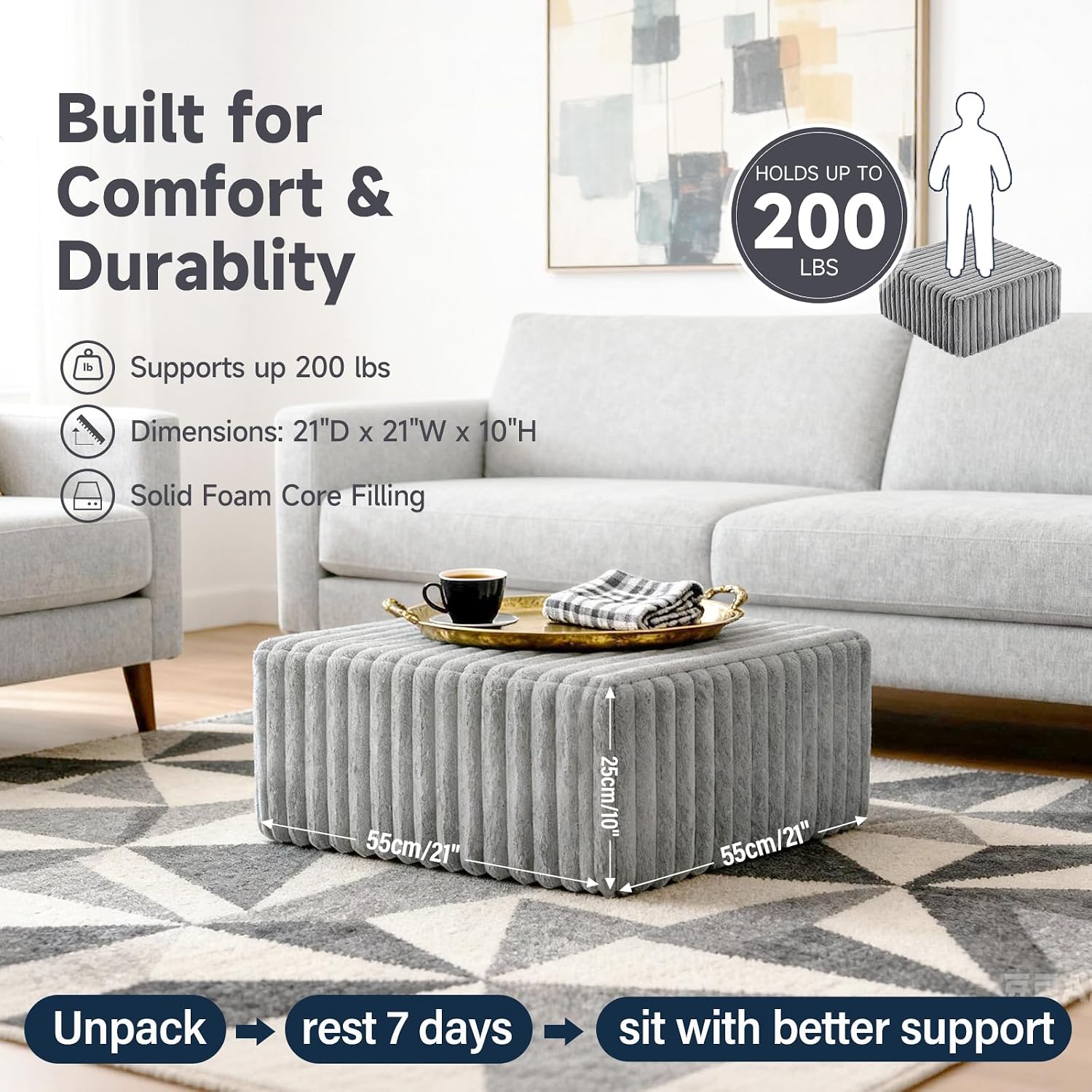 Tiita Square Stuffed Pouf Ottoman, Soft Foot Stool with Solid Foam Block | 21x21x12 Inches Fluffy Floor Pouf Chair & Footrest Cushion for Couch Living Room,Grey