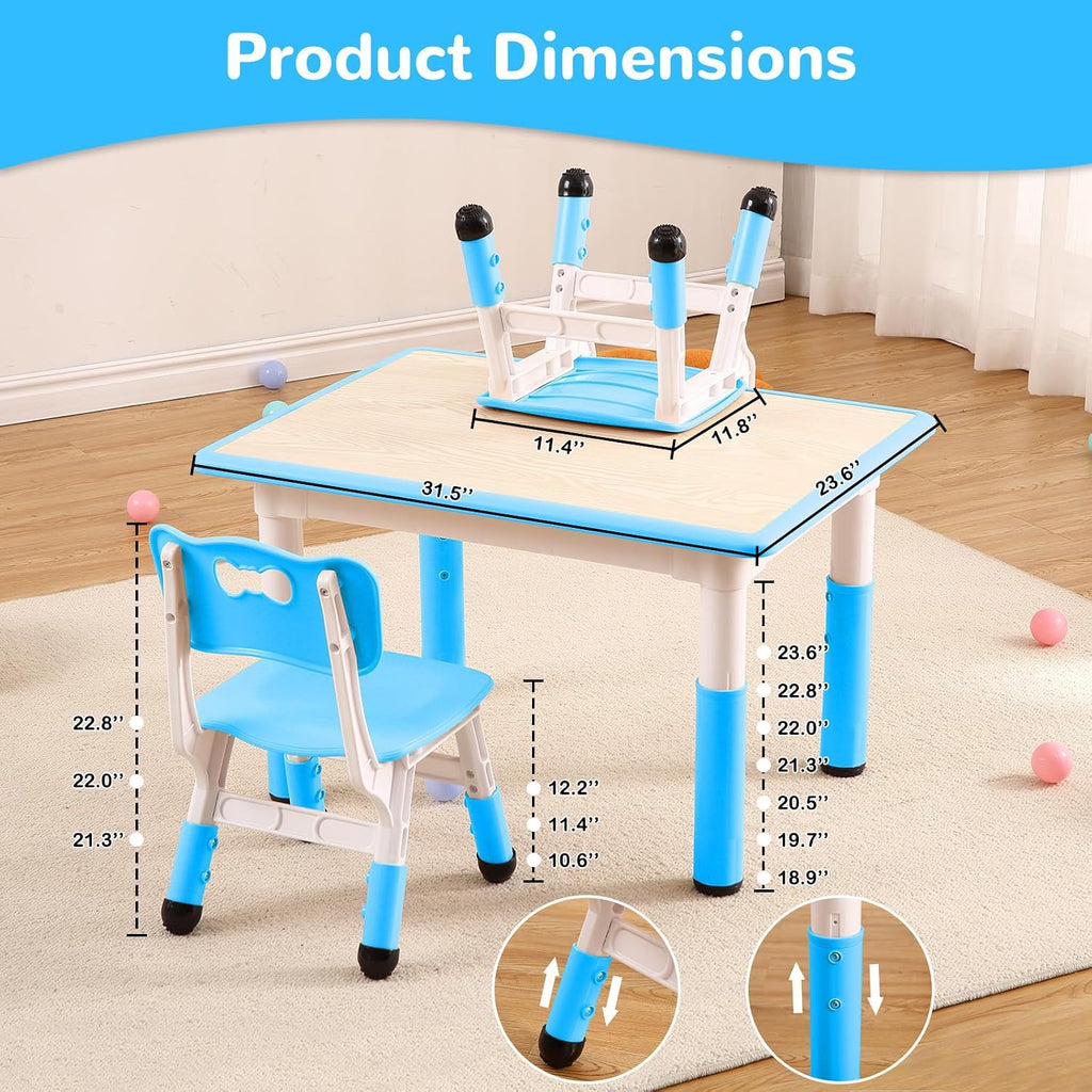 IDEALHOUSE Height-Adjustable Kids Table & Chairs Set (5-Piece) - Activity Table with 4 Chairs, Graffiti-Style Writable Desktop, Non-Slip Legs, Easy-Wipe Surface, Ages 2-10, Blue