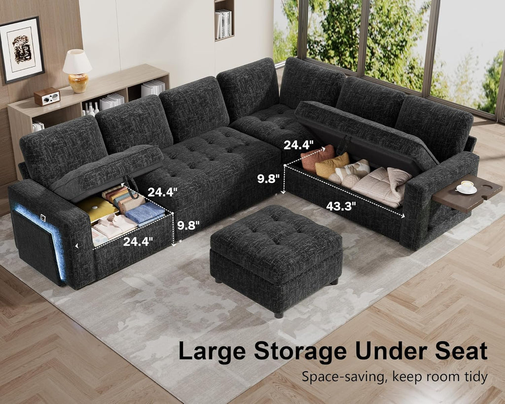 WEUP 7 Seat L Shaped Sectional Sleeper Sofa Bed with Pull Out Bed, Chenille Sectional Sleeper Couch with Ottoman, Adjustable Backrest, USB Ports, LED, Side Table, Tool-Free Assembly, Chenille Black
