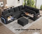 WEUP 7 Seat L Shaped Sectional Sleeper Sofa Bed with Pull Out Bed, Chenille Sectional Sleeper Couch with Ottoman, Adjustable Backrest, USB Ports, LED, Side Table, Tool-Free Assembly, Chenille Black