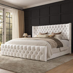 AMERLIFE Upholstered Queen Bed Frame with Wingback Headboard, Cream Velvet