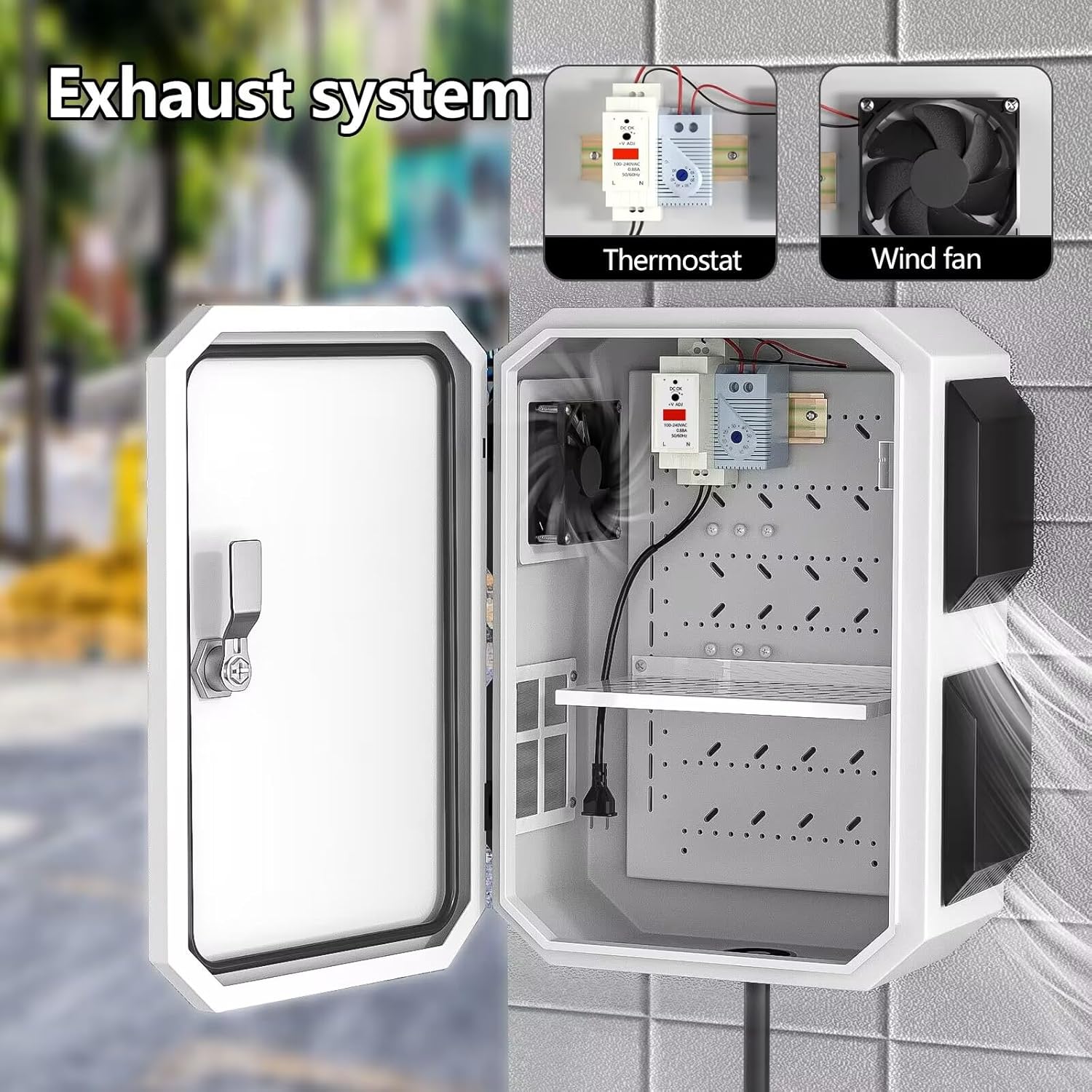 Outdoor Electrical Box with Thermostat and Fan, Cold-Rolled Steel Plate, Aluminum Alloy Back Beam, One-Piece Ventilation Design, IP65 Waterproof, Wall/Pole Mounted. (17.7" x 13.8" x 7.9")