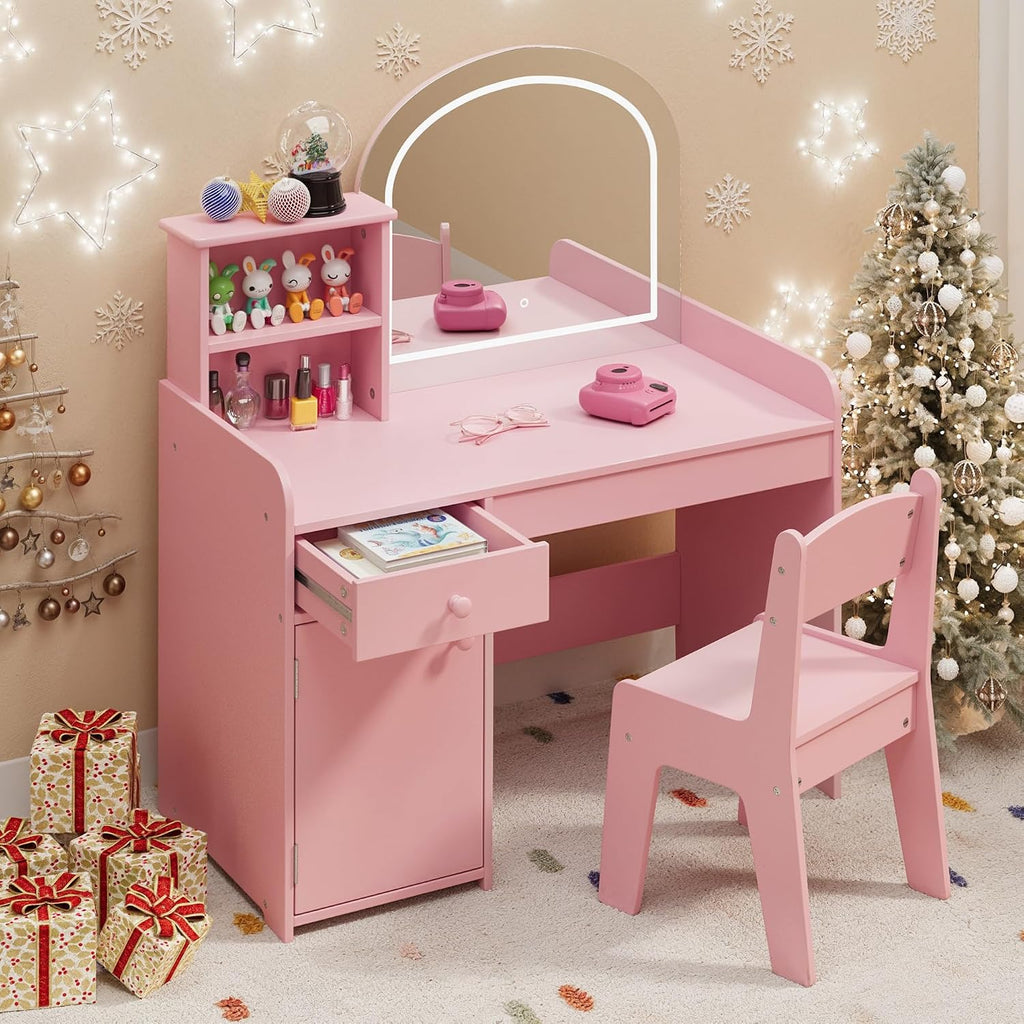 Gizoon Kids Vanity Desk with Mirror and Lights, Pink | Kids Makeup Vanity with 2 Tier Open Shelves Drawer and Cabinet, Todder Vanity Table and Chair Set for Little Girl