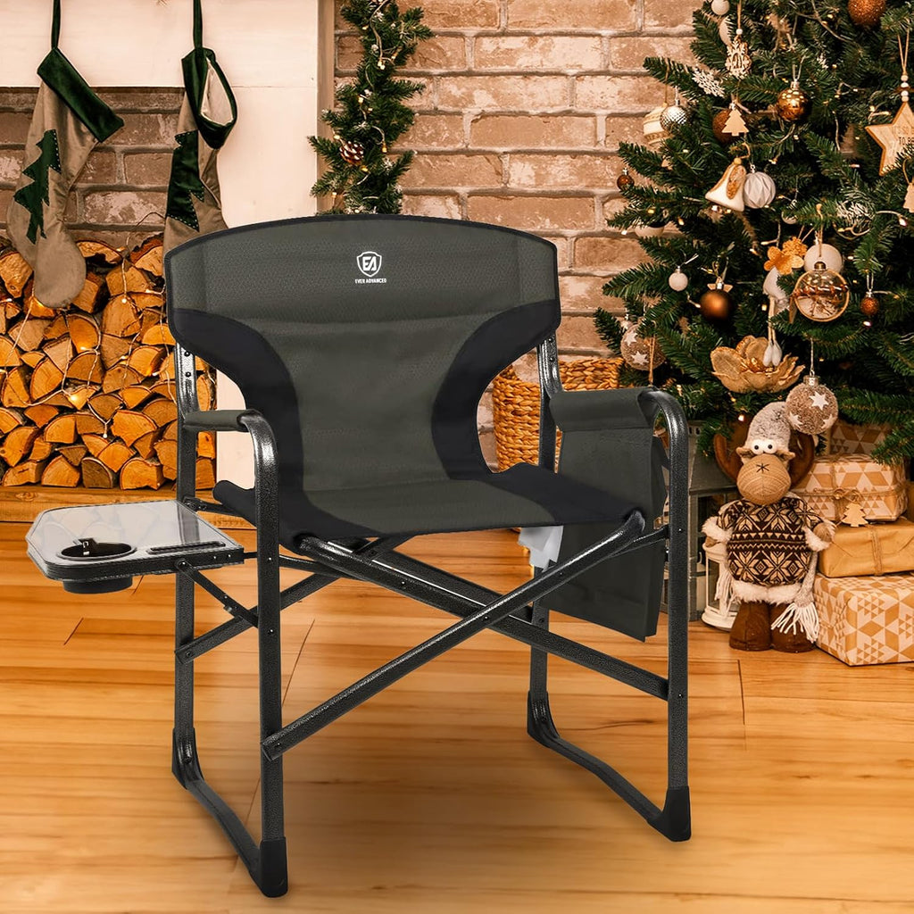 EVER ADVANCED Lightweight Aluminum Director Camping Chair, 350 lb Capacity | 19" Joint-Friendly Seat for Easy Standing with Side Table, Cup Holder & Storage, Ideal for Camping, Makeup Artists, Vendors