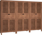 BVIUNTWO Set of 3 Farmhouse Tall Storage Cabinets, Wooden Kitchen Pantry Cupboards with Slatted Doors, Drawer & Adjustable Shelves for Kitchen, Dining & Living Room Storage, 68.8 Inch, Brown