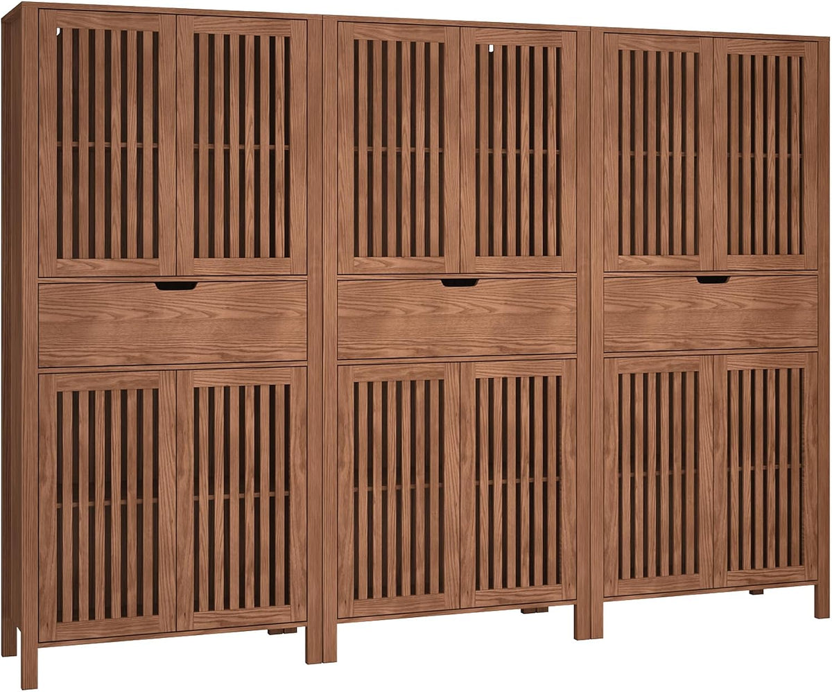 BVIUNTWO Set of 3 Farmhouse Tall Storage Cabinets, Wooden Kitchen Pantry Cupboards with Slatted Doors, Drawer & Adjustable Shelves for Kitchen, Dining & Living Room Storage, 68.8 Inch, Brown