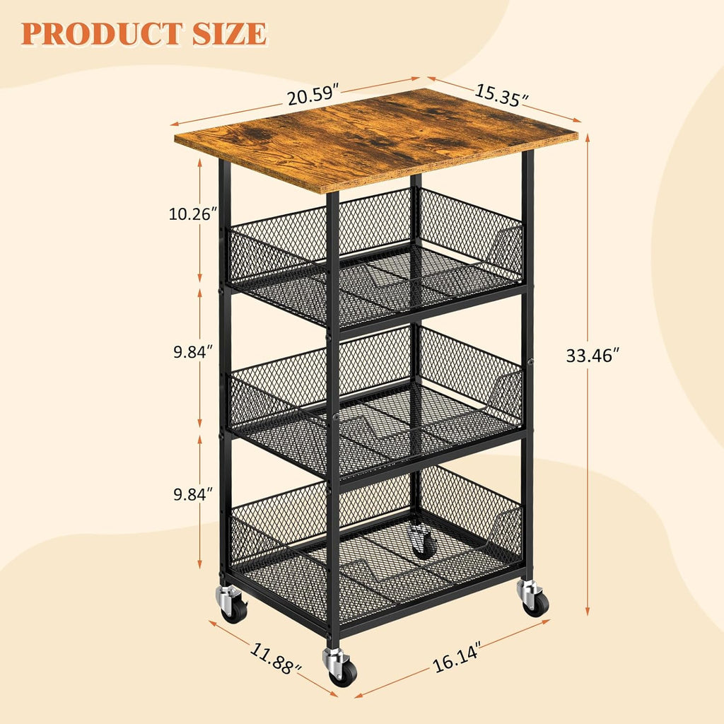 ThreeHio Rolling Kitchen Microwave Cart with Fruit Baskets, 4 Tier Microwave Table Stand with Storage, Kitchen Storge Shelf on Wheels Small Rolling Cart Organizer Rack for Pantry, Living Room