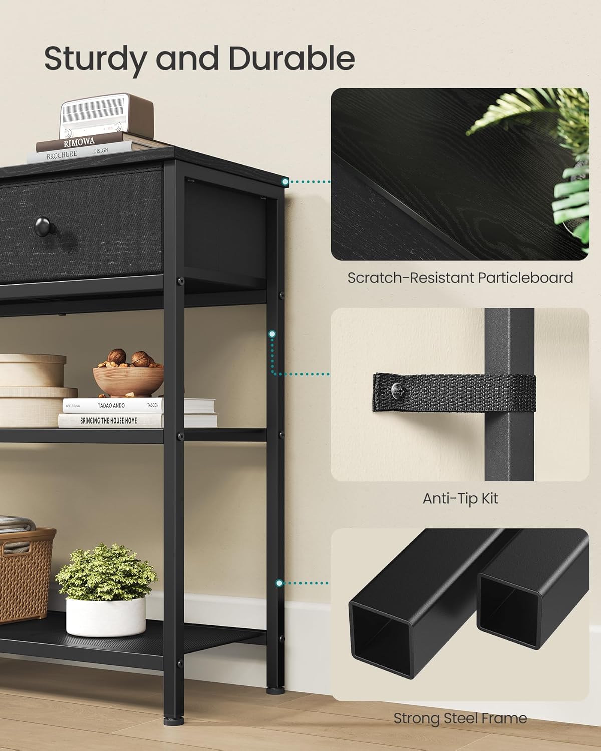 SONGMICS Console Table, Narrow Sofa Table with 2 Mesh Shelves for Entryway, Living Room, 11.8 x 38.9 x 31 Inches, 3 Fabric Drawers, Ebony Black, BELLAH Collection ULGS098B201