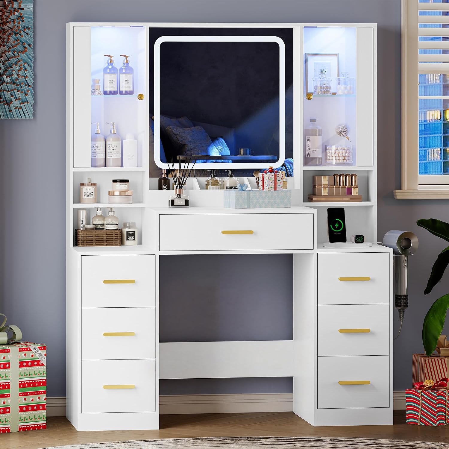 HUANLEGO Makeup Vanity Desk with Mirror and LED Lights for Girls, White