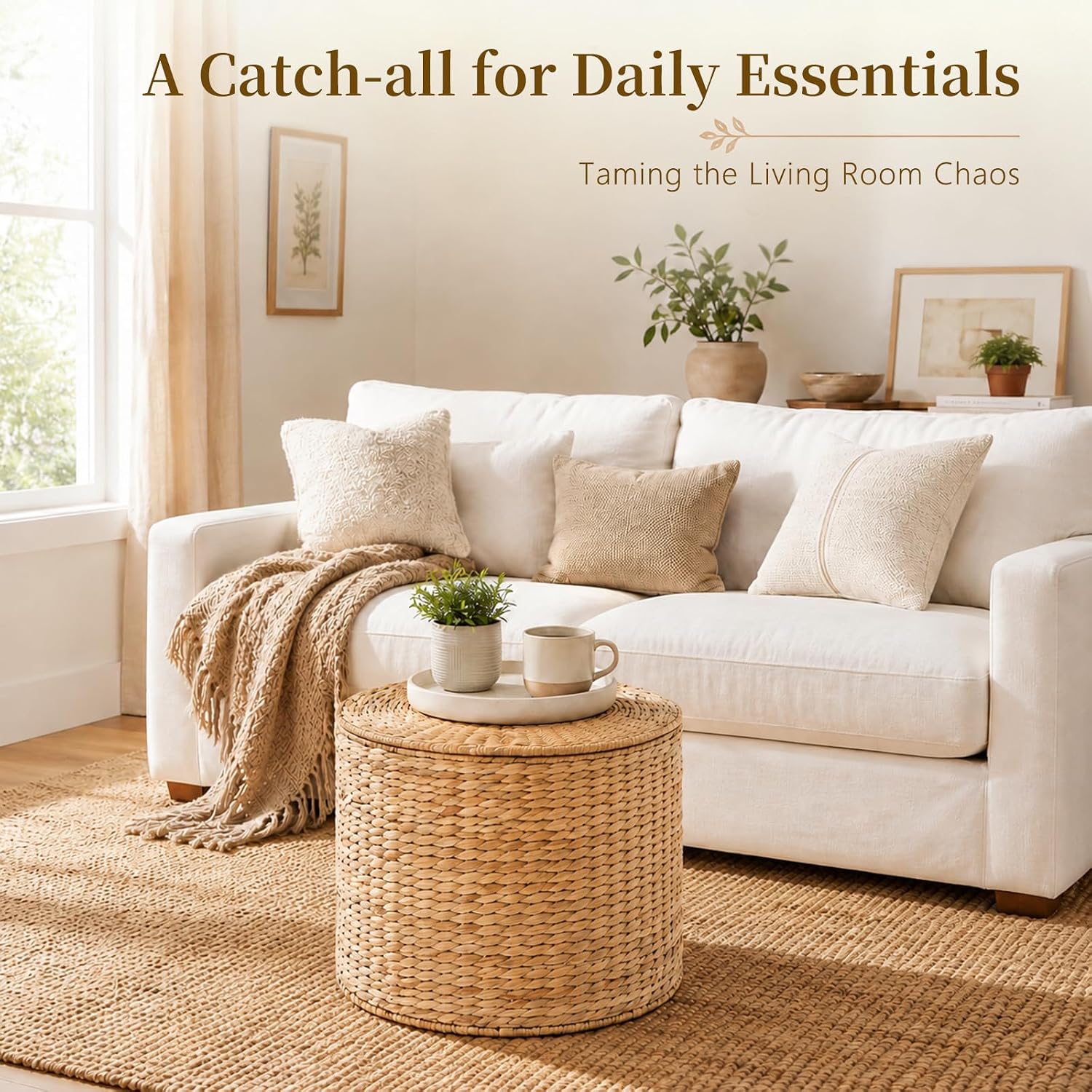 Round Water Hyacinth Storage Ottoman with Lid | Handwoven Water Hyacinth Footstool, Footrest and Side Table for Living Room office (Natural-M)